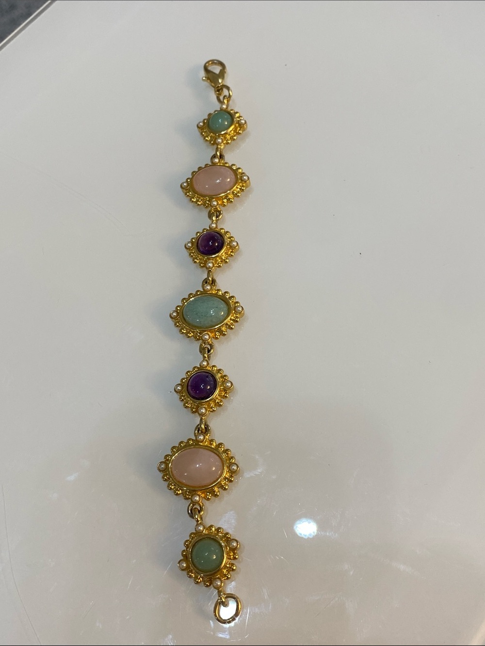Gold-Tone Multi-Stone Bracelet with Pink, Green and Purple Cabochons Stone